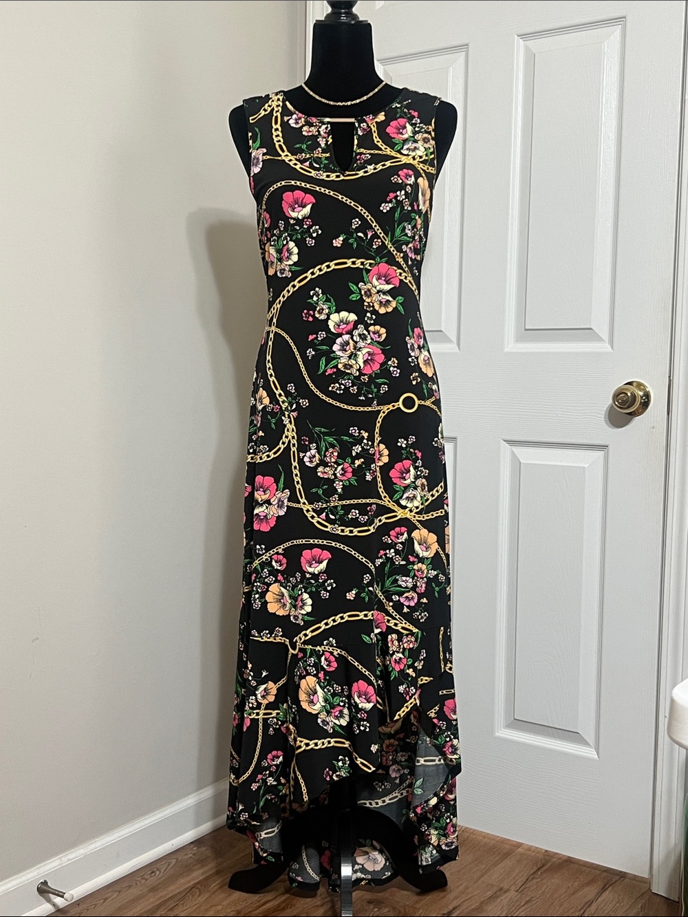 Thalia Sodi Black Floral & Gold Chain High-Low Maxi Dress